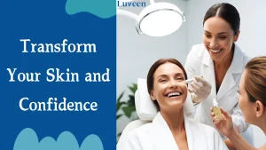Aesthetic clinic consultation featuring a smiling woman receiving a skincare treatment from a professional aesthetician, with another specialist holding a skincare product. The environment reflects a clean and modern clinic, showing the sentences” Transform your skin and confidence.