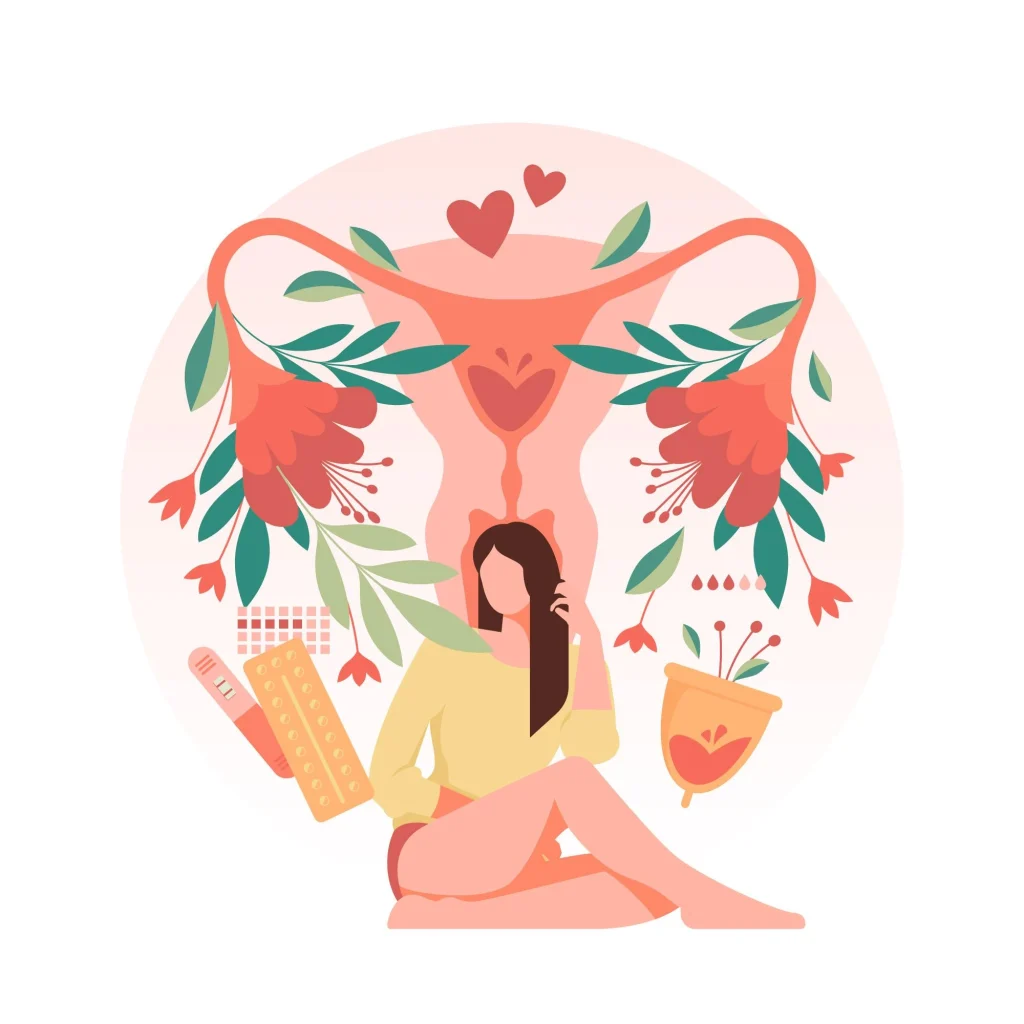 The female reproductive system is surrounded by soft floral elements, representing vaginal health, intimate care, and the benefits of feminine wellness treatments such as vaginal rejuvenation and laser therapy.