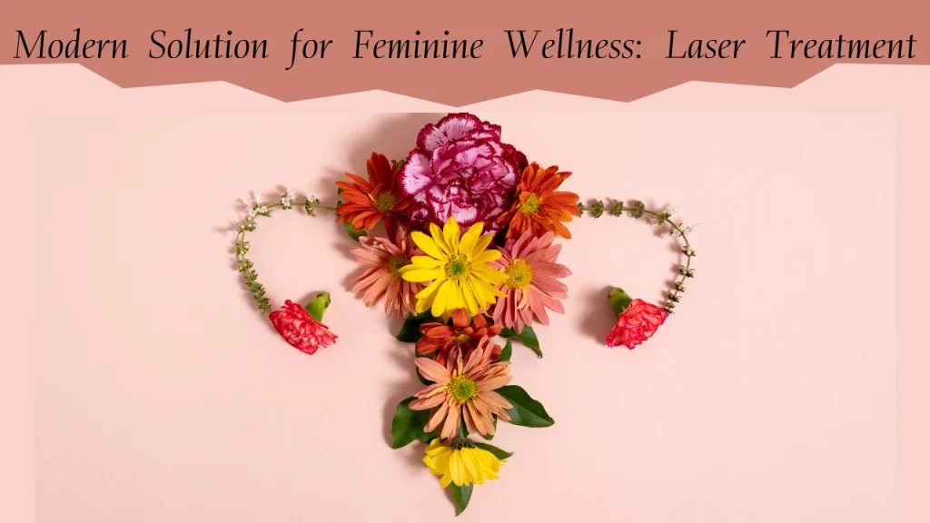 Flat lay image of a detailed anatomical illustration of the female reproductive system, showing key organs like the uterus, ovaries, fallopian tubes, and cervix, presented with "Modern Solution for Feminine Wellness: Laser Treatment"