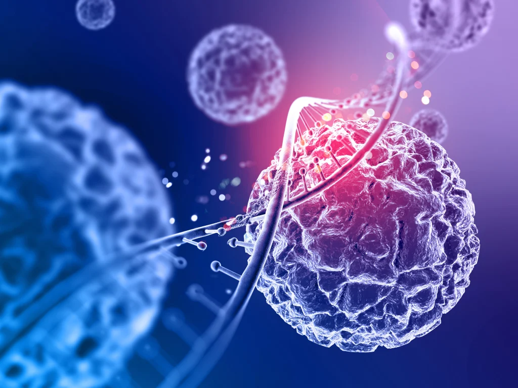 A 3D-rendered digital background featuring stem cells floating near a semi-transparent DNA double helix.