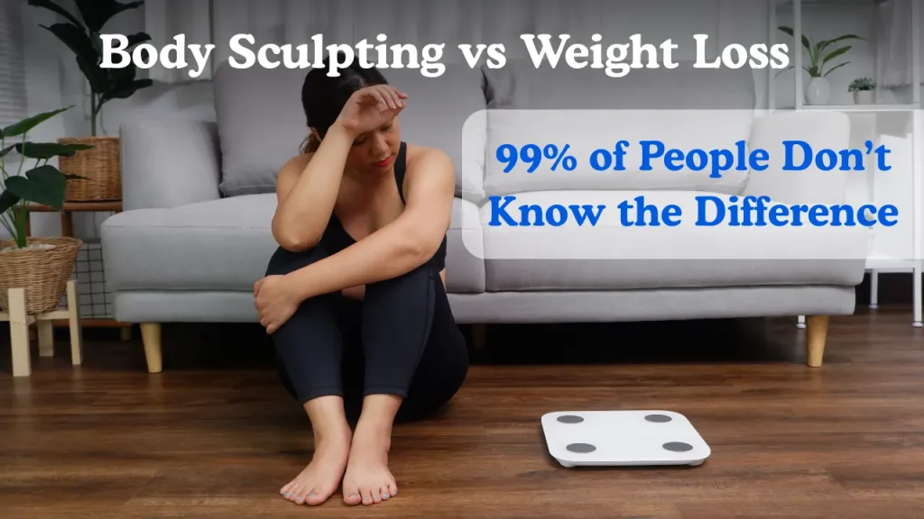 A girls after measure her weight and feel sad. And the picture have sentences show "Body sculpting vs Weight Loss" and 99% of people don't know the difference"