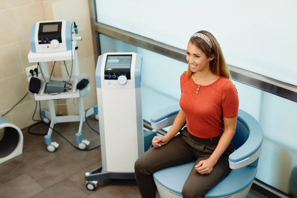 Emluv treatment is kegel chair therapy to help for pelvic floor care.